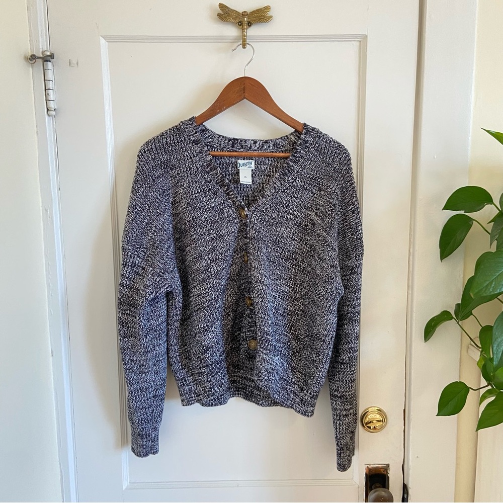 Duluth Trading Co Women's Marled Black and White Heavy Cardigan XL